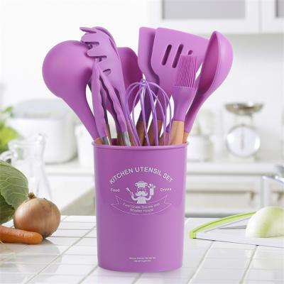 China Viable Wholesale Silicone Cookware Set Non Stick Cookware 11 Pcs Silicone Cooking Utensils Set With Wooden Handle for sale