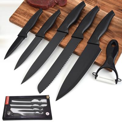 China Sustainable Private Label Custom Kitchen Knives Non Stick Black 5 Pieces Cooking Stainless Steel Knife Sets With Ceramic Peeler for sale