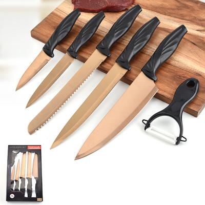 China Kingwise Chef Viable Newcomer Professional Gift Box Coated Kitchen Knife Sets 6 Pieces Non Stick Gold Stainless Steel for sale