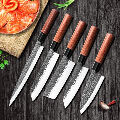 China Viable Handmade High Carbon Steel Knife Sashimi Knife Japanese Santoku Kitchen Knives Set With Wooden Handle for sale