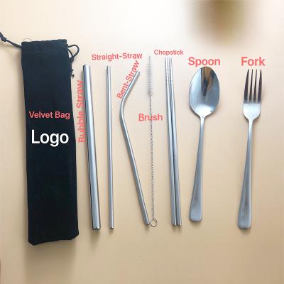 China Straw Gift Set Spoon Fork Cutlery 7pcs Chopstick Straw Bag Picnic Travel Viable Tableware With Custom Logo for sale