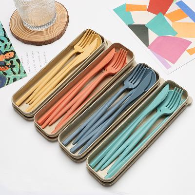 China Portable Viable Wheat Straw Fiber Travel Cutlery Set Spoon Fork Knife Chopstick With Box Reusable Custom Logo for sale