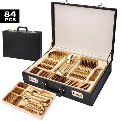 China Sustainable Gold Plated 84pcs Cutlery Set Stainless Steel Wooden Box For Making 12 Flatware for sale