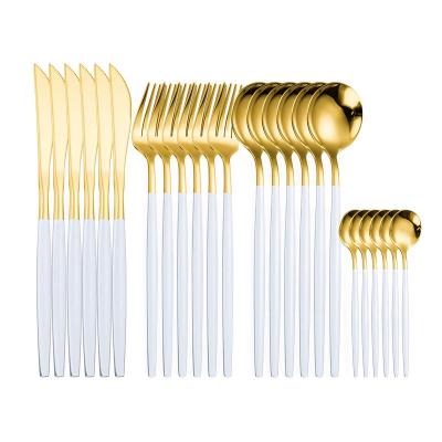 China Viable White Gold Flatware Mirror Stainless Steel Bulk Plated Cutlery Set 24 Pcs With Box For Gift for sale