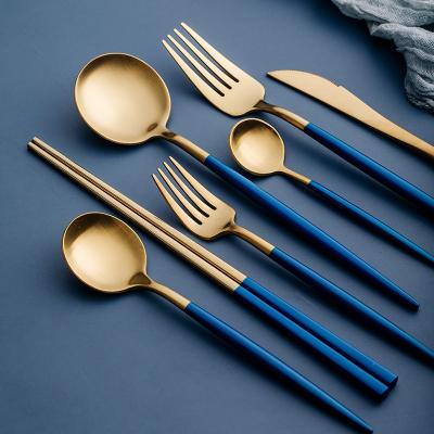 China Sustainable Navy Blue Cutlery Set Stainless Steel Flatware Gold Handle Silverware For Home Use And Restaurant for sale