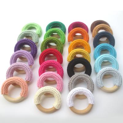 China Toy Wholesale Organic Wooden Ring For Baby Wooden Teether Crochet Toys Soft Cotton Teethers for sale