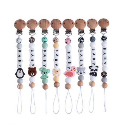 China 2021 New Beech Pacifier Chain Soft Animal Silicone Baby Toy Pacifier Chain Wooden Pacifier Chain for sale