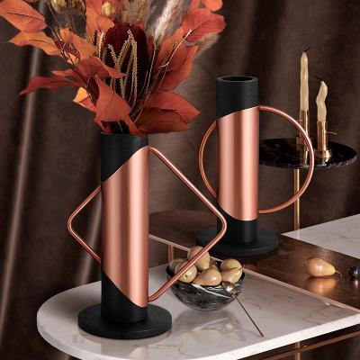 China Metal Designer Combination Model Room Minimalist Lightweight Luxury Flower Pots Iron Decor Geometric Vase for sale