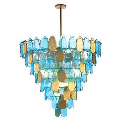 China Large Modern Popular Modern Colored Glass Iron Blue Brass Finish Gold Chandelier Ceiling Pendant For Hotel OEM for sale