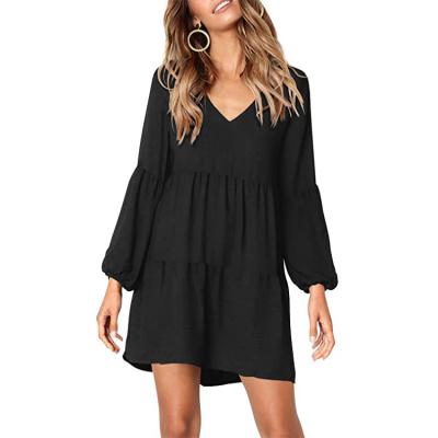 China Women Anti-Wrinkle Lantern Long Sexy Deep Sleeve V-Neck Solid Color Flowy Relief Team Casual Dresses Loose for sale