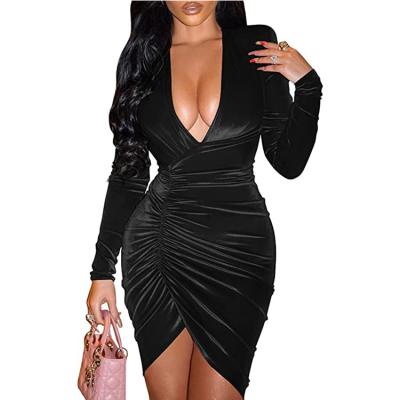 China Viable Women's Sexy Deep V Neckline Solid Color Long Sleeve Dress Ruched Club Bodycon Wrap Cocktail Mini Dress for sale