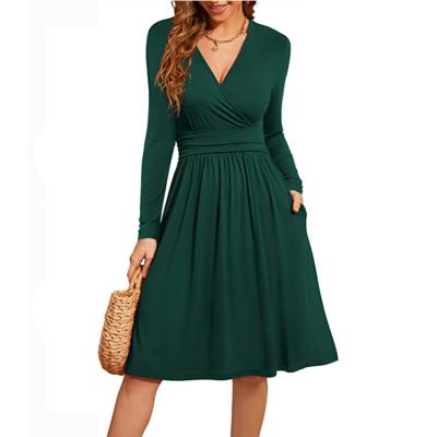 China Anti-Static Women's Summer Sheath Long Midi A Line Casual Dress Solid Color V-Neck Dress With Pockets for sale