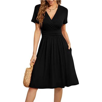 China Anti-Static Women's Summer Shorts Sheath Midi A Line Casual Dress Solid Color V-Neck Dress With Pockets for sale