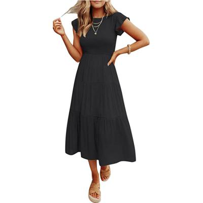 China 2023 Summer Women's Anti-Static Sleeve Floating Midi Dress Solid Color Casual Short Elastic Waist Crew Neck Smocked Midi Dress for sale