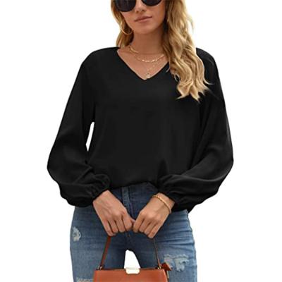 China Anti-Pilling Women's Long Sleeve Shirt Balloon Sleeve V-Neck Blouse Casual Basic Loose Top for sale