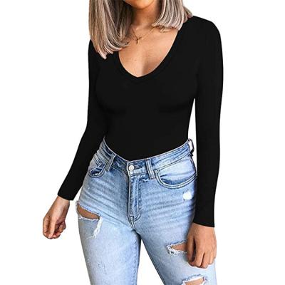 China Anti-Wrinkle Womens Long Sleeve Tops Sexy Deep V Neck T-shirts Women Fitted Tight Stretch Shirts Womens Casual Basic Tee for sale