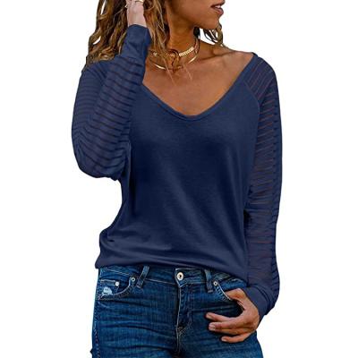 China Anti-Wrinkle Women's Casual V-Neck Tops Long Sleeve Shirts Mesh Sheer Patchwork Sleeves Solid Color Blouses and T-shirts for sale