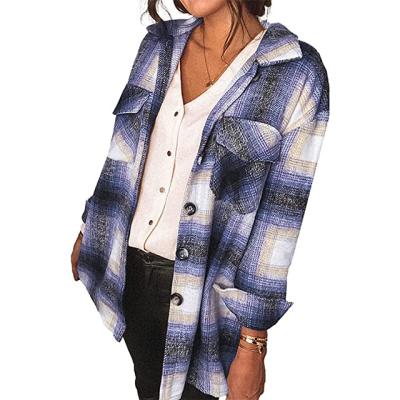 China 2023 Women's Anti-pilling Plaid Long Sleeve Shacket Casual Jacket Button Down Flannel Shirts Fashion Blouse for sale