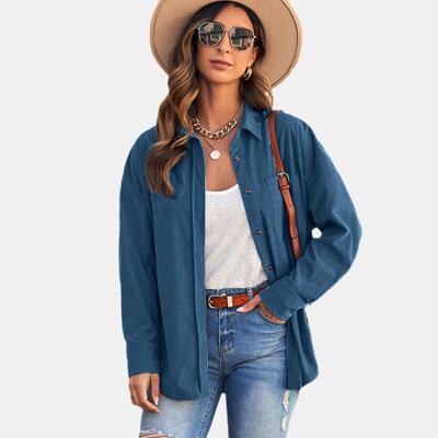 China Women's Anti-Pilling Lounge Lapel Corduroy Button Solid Color Shirts Friend Style Long Sheath Oversized Blouses Tops for sale