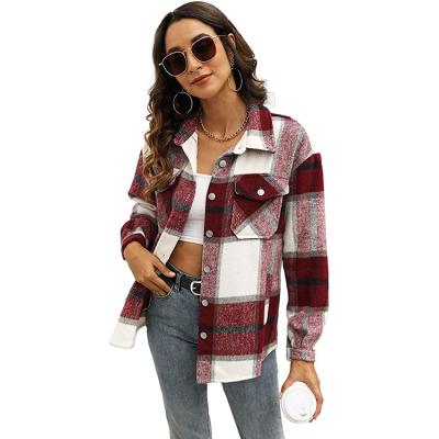 China Anti-pilling Women's Vintage Plaid Shacket Button Down Wool Blend Autumn Flannel Shirt Casual Jacket for sale