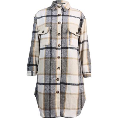 China Women's Anti-Pilling Lounge Lapel Button Up Plaid Long Sleeve Shacket Flannel Shirt Coat Long Mid Length Shirt Jacket for sale