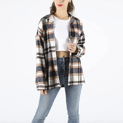 China Anti-pilling Women's Autumn Color Block Plaid Flannel Shacket Jacket Buttons And Pocket Design Shirt Coat Side Tops for sale