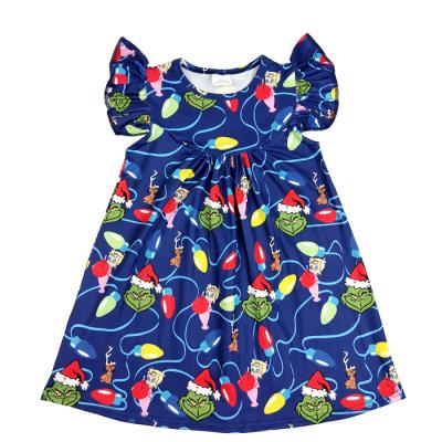 China Viable Hot Sale OEM Cartoon Printed Ruffle Toddler Girls Boutique Christmas Dresses For Kids for sale