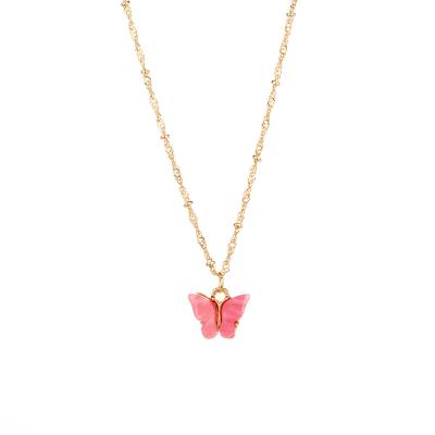 China Environmental Friendly Cute Pink Colorful Acrylic Butterfly Pendant Necklace for sale