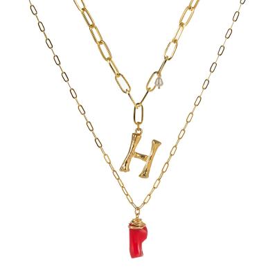 China Yiwu Manufacturer Environmentally Friendly Wholesale 2 Layer Red Coral Necklace Alphabet Letter H Necklace for sale