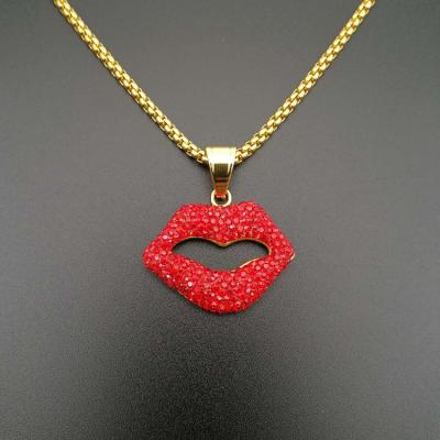 China Environmental Friendly Hip Hop Stainless Steel Gold Plated Red Lip Crystal Necklace for sale