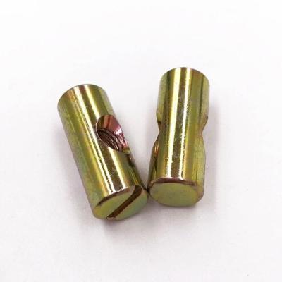 China Q235 Carbon Steel Barrel Bolts Cross Finger Slotted Furniture Nut For Beds Hutch Chairs With Yellow Chromated Zinc Plating for sale