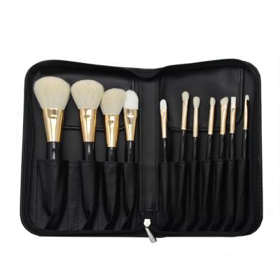 China Compact Bulk Flat Makeup Brush 11pcs Set Brush Black Wooden Handle Makeup Brush With PU Bag for sale