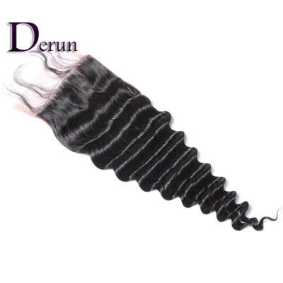 China 1-2year Unprocessed 4*4 Deep Wave Lace Closure Virgin Transparent Cuticle Aligned Brazilian Remy Hair for sale