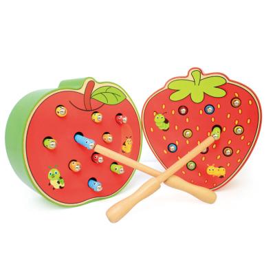 China Educational Montessori Wooden Magnetic Stick Toy Worm Toys Funny Strawberry Shaped Eco-Friendly Apple Crochet BAL Insect Game For Kids Baby Boy for sale