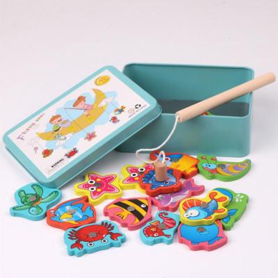 China Baby Wooden Educational Fish Toys 15Pcs Wooden Magnetic Fishing Toy Set Fish Game Educational Fishing Toy for sale