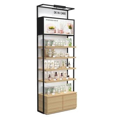 China New Cabinet Optional Light Box Floor Style Beauty Shop Display Stand Skin Care Product Display Stand Wood Cosmetic Rack for sale