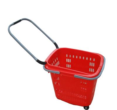 China Supermarket Large Capacity Basket Plastic Trolley Folding Four Wheel Shopping Shopping Trolley With Handle for sale