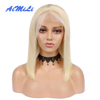 China Factory New Design Bob Silky Straight Short Body Wave AMLHAIR Baby Hair Brazilian Hair, 613 Transparent Remy Hair Lace Frontal Wigs for sale