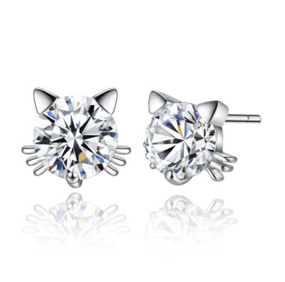 China Trendy Cute Jewelry 925 Sterling Silver One Shiny Diamond Cat Elf Stud Earrings for sale