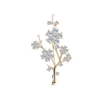 China Newest Design Fashionable Women Jewelry 18K Gold Plated Shiny CZ Zircon Tree Copper Crystal Brooch for sale