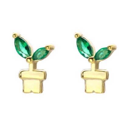 China New Fashionable Personalized Zircon CZ Green Gold Plated Factory 925 Sterling Silver Stud Earrings Potted for sale