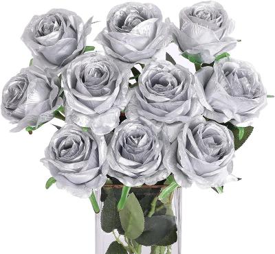 China New X 10-Pack Rayon Artificial Roses Classic/Postmodern Silver Decor Rose Bouquet Wedding Party Home Bulk Artificial Rose Heads for sale