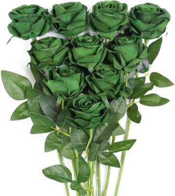 China Natural Touch High Quality Green X 10 Pieces Artificial Rayon Roses Wedding Bouquet Bridal Pink Rose Bouquet Party Home Decoration for sale