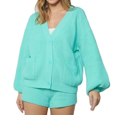 China Anti-wrinkle OEM ODM designer customized knitted outer women balloon sleeve V-neck cardigan and shorts set for sale