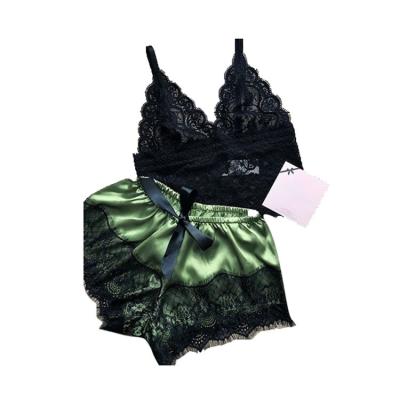 China Satin QUICK DRY Sexy Lingerie Lace Women Pajamas Two Piece Set Sleepwear for sale