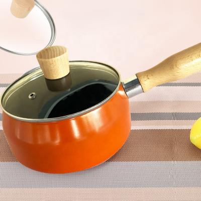 China Sustainable Customized Printing Stew Pot Milk Pan Enamel With Wooden Handle for sale