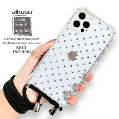 China New High Aikusu Protective Phone Strap Lanyard Case Fashion Diamond Cell Phone Case for iphone 12 for sale