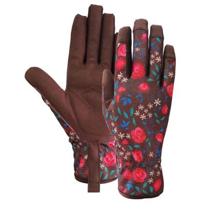 China Eng anliegendes Gartenarbeitarbeits-Handschuh-Kunstleder Spandex-Blumendrucken zu verkaufen