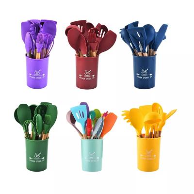 China 12 Pieces Handle Non-stick Wooden Cookware Tool Kit Silicone Kitchen Viable Hot Selling Baking Cookware Set for sale