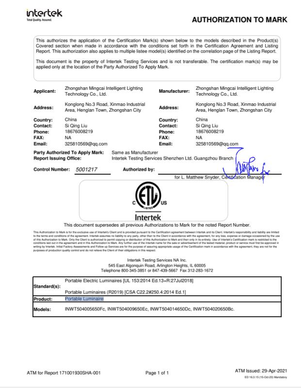 ETL - Zhongshan Mingcai Intelligent Lighting Technology Co., Ltd.